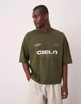Футболка свободного кроя ASOS DESIGN свободного кроя с приспущенными плечами и принтом цвета хаки