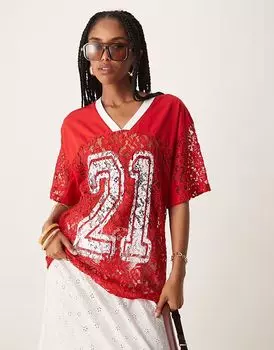 Футболка свободного кроя ASOS DESIGN в футбольном стиле с принтом 21 красного цвета