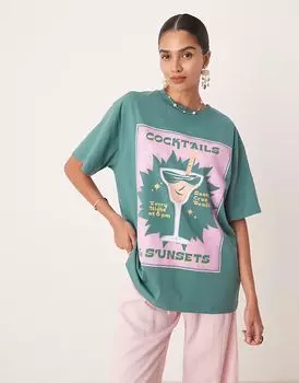 Футболка свободного кроя ASOS DESIGN зеленого цвета с принтом коктейля и заката