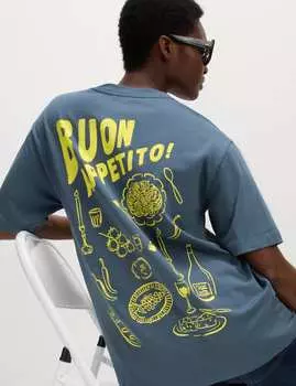 Футболка свободного кроя из чистого хлопка с графическим принтом Marks & Spencer, синий