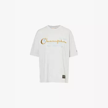 Футболка свободного кроя из хлопкового трикотажа с фирменной вышивкой Champion, серый