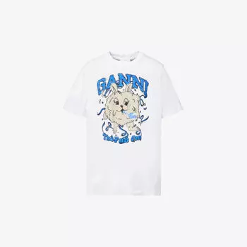 Футболка свободного кроя из органического хлопкового джерси с графическим принтом Fun Bunny Ganni, белый