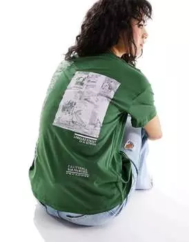 Футболка свободного кроя Pieces зеленого цвета с розовым графическим принтом на спине