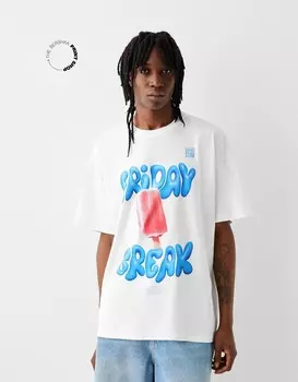 Футболка свободного кроя print Bershka, белый