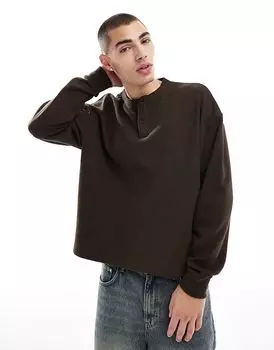 Футболка свободного кроя с длинными рукавами и воротником-хенли коричневого цвета ASOS DESIGN