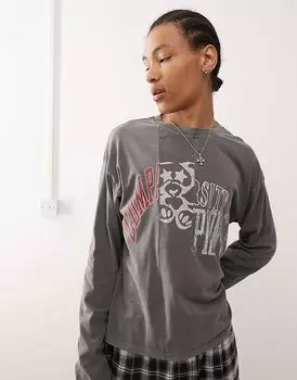 Футболка свободного кроя с длинными рукавами и принтом в виде университетской графики, выбеленная черная Weekday