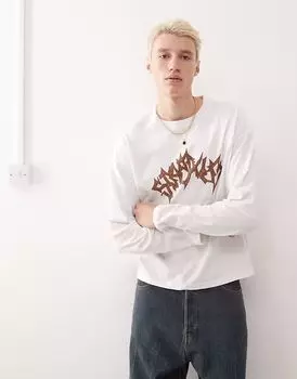 Футболка свободного кроя с длинными рукавами и графическим принтом спереди белого цвета для будних дней