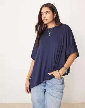 Футболка свободного кроя с драпировкой по низу от ASOS DESIGN темно-синего цвета