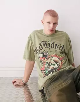Футболка свободного кроя с изображением черепа из ада цвета хаки Ed Hardy