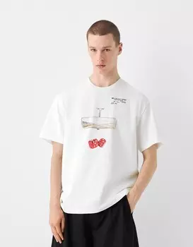 Футболка свободного кроя с коротким рукавом и принтом Bershka, белый