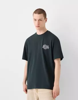 Футболка свободного кроя с коротким рукавом и принтом Bershka, зеленый