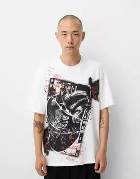 Футболка свободного кроя с короткими рукавами и принтом Bershka, белый