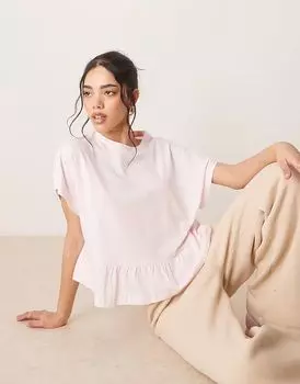Футболка свободного кроя с короткими рукавами и баской из льняного материала ASOS DESIGN розового цвета