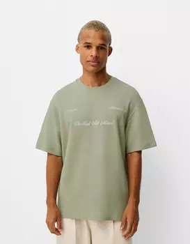 Футболка свободного кроя с короткими рукавами из вафельной вязки с принтом Bershka, зеленый