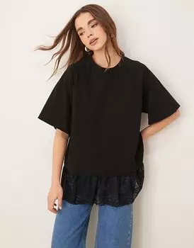 Футболка свободного кроя с кружевной отделкой черного цвета ASOS DESIGN