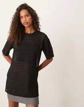 Футболка свободного кроя с кружевом черного цвета JDY