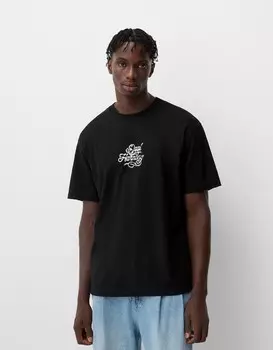 Футболка свободного кроя с принтом Bershka, черный