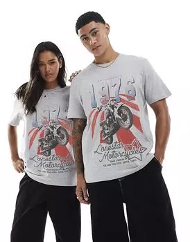 Футболка свободного кроя с принтом мотоцикла спереди Lonestar в спортивном сером цвете PRNT