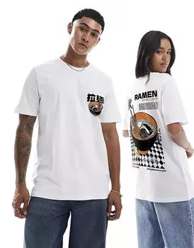 Футболка свободного кроя с принтом рамен спереди и сзади белого цвета PRNT