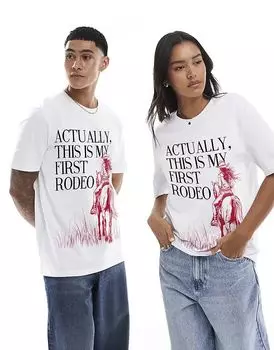 Футболка свободного кроя с принтом спереди в стиле родео белого цвета PRNT