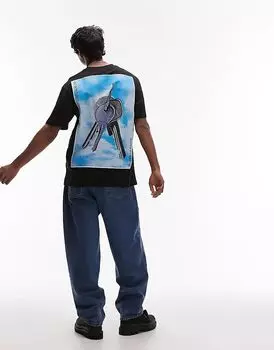 Футболка свободного кроя с принтом в виде клавиш спереди и сзади черного цвета Topman