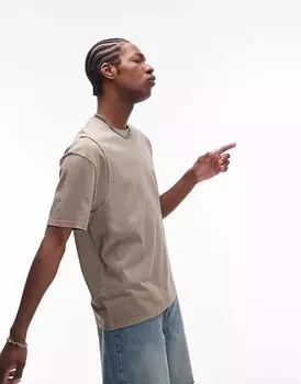 Футболка свободного кроя Topman бежевого цвета с декоративной строчкой