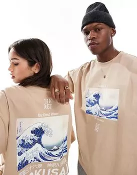Футболка свободного кроя унисекс с принтом Hokusai Wave бежевого цвета ASOS DESIGN