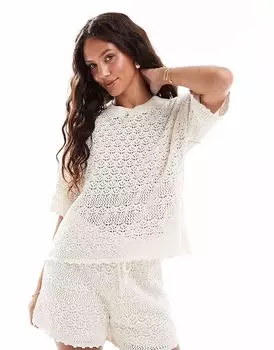 Футболка свободного кроя Vero Moda, связанная крючком, цвет «березовый крем»