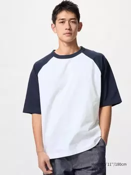 Футболка свободного покроя с цветными блоками (реглан) Uniqlo, синий