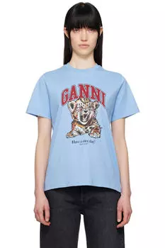 Футболка свободного покроя с принтом тигра из джерси синего цвета GANNI