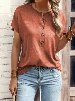 Футболка текстурированная Shein Lune с рукавами и полупланкой, оранжевый