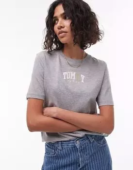 Футболка Tommy Jeans с разноцветным логотипом университета серого цвета