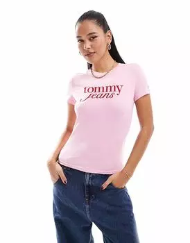 Футболка Tommy Jeans с ретро-надписью для малышей в розово-красных тонах