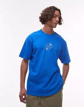 Футболка Topman свободного кроя с цветочной вышивкой в выстиранном синем цвете