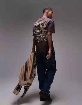 Футболка Topman свободного кроя с принтом «Фермерский рынок» спереди и сзади темно-коричневого цвета