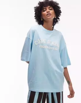 Футболка Topshop из джерси с принтом Cote d'Azur свободного кроя бирюзового цвета