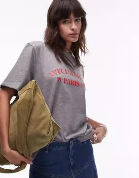 Футболка Topshop Premium Basic серого цвета с графикой «Париж 1989»