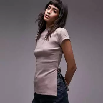 Футболка Topshop Ribbed Closed Neckline Side Slit, светло-розовый