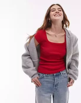 Футболка Topshop с квадратным вырезом и рукавами-крылышками вишневого цвета