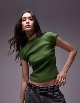 Футболка Topshop с закругленным подолом и отделкой в рубчик оливкового цвета