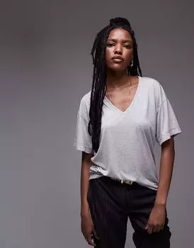 Футболка Topshop свободного кроя с V-образным вырезом в меланжевом сером цвете