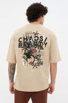 Футболка Trendyol мужская оверсайз с принтом, бежевый