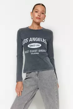 Футболка Trendyol с круглым вырезом и эффектом выцветания, антрацитовый