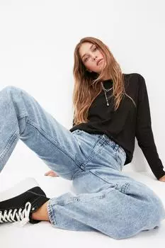 Футболка Trendyol с круглым вырезом и длинными рукавами, черный