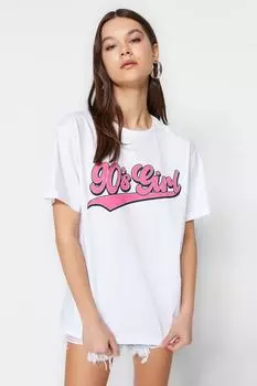 Футболка Trendyol с высоким воротником-бойфрендом и принтом, белый