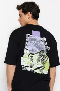 Футболка Trendyol широкого кроя с круглым вырезом, черный