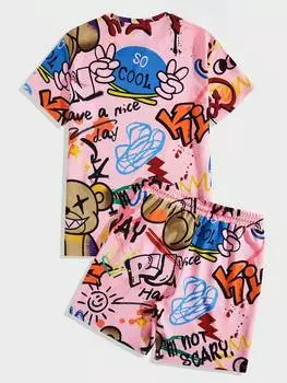 Футболка трикотажная и шорты Manfinity EMRG с буквенным принтом, розовый