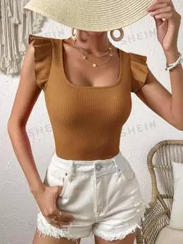 Футболка трикотажная Shein Vcay в рубчик, коричневый