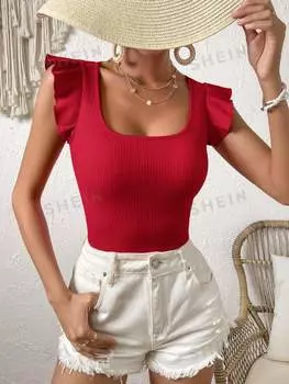 Футболка трикотажная Shein Vcay в рубчик с летящими рукавами, красный