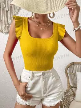Футболка трикотажная Shein Vcay в рубчик с летящими рукавами, желтый